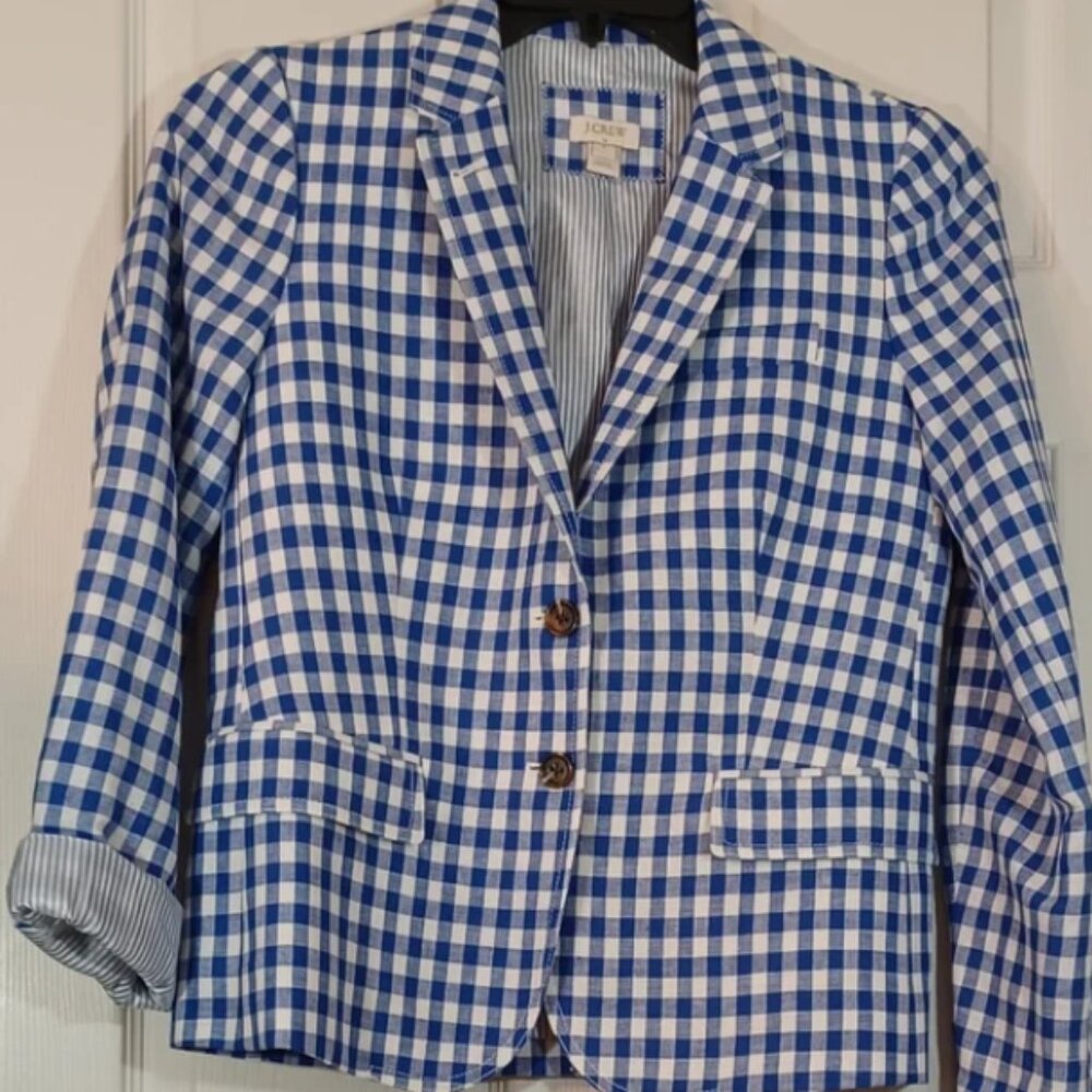 J Crew Campbell  Linen Blazer Blue & White Gingham Print SZ12